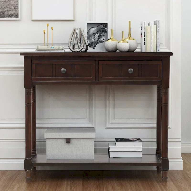 Console en pin avec 2 tiroirs et étagère inférieure, style traditionnel vintage, 90 cm (L), gris/vert antique