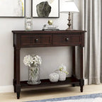 Console en pin avec 2 tiroirs et étagère inférieure, style traditionnel vintage, 90 cm (L), gris/vert antique
