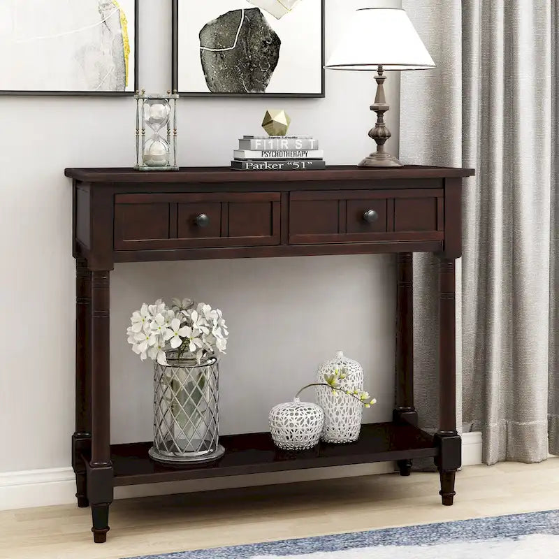 Console en pin avec 2 tiroirs et étagère inférieure, style traditionnel vintage, 90 cm (L), gris/vert antique