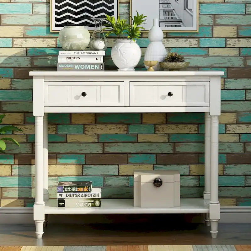 Console en pin avec 2 tiroirs et étagère inférieure, style traditionnel vintage, 90 cm (L), gris/vert antique