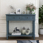 Console en pin avec 2 tiroirs et étagère inférieure, style traditionnel vintage, 90 cm (L), gris/vert antique