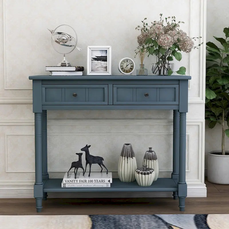 Console en pin avec 2 tiroirs et étagère inférieure, style traditionnel vintage, 90 cm (L), gris/vert antique