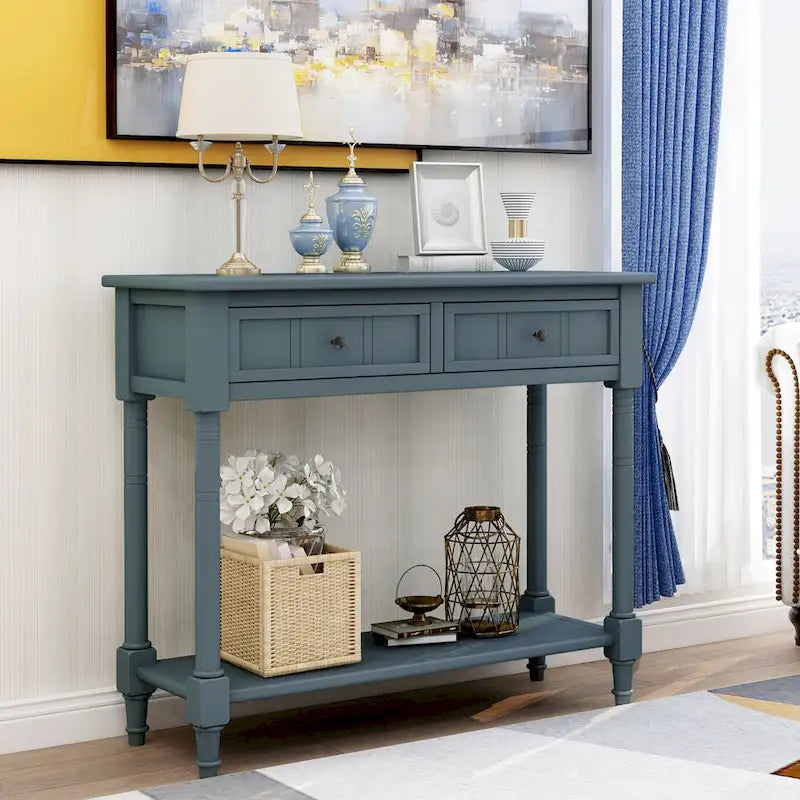 Console en pin avec 2 tiroirs et étagère inférieure, style traditionnel vintage, 90 cm (L), gris/vert antique