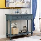 Console en pin avec 2 tiroirs et étagère inférieure, style traditionnel vintage, 90 cm (L), gris/vert antique