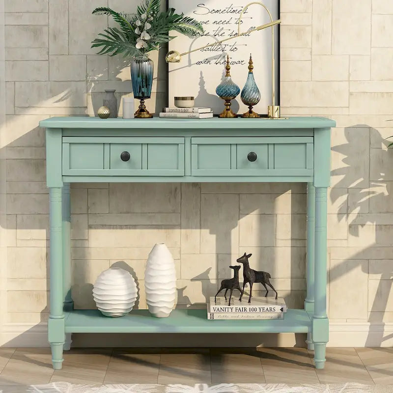 Console en pin avec 2 tiroirs et étagère inférieure, style traditionnel vintage, 90 cm (L), gris/vert antique