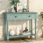 Console en pin avec 2 tiroirs et étagère inférieure, style traditionnel vintage, 90 cm (L), gris/vert antique
