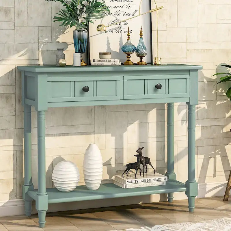 Console en pin avec 2 tiroirs et étagère inférieure, style traditionnel vintage, 90 cm (L), gris/vert antique