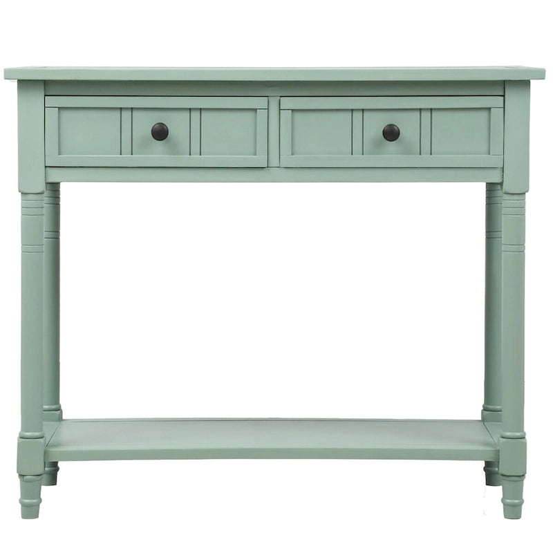 Console en pin avec 2 tiroirs et étagère inférieure, style traditionnel vintage, 90 cm (L), gris/vert antique