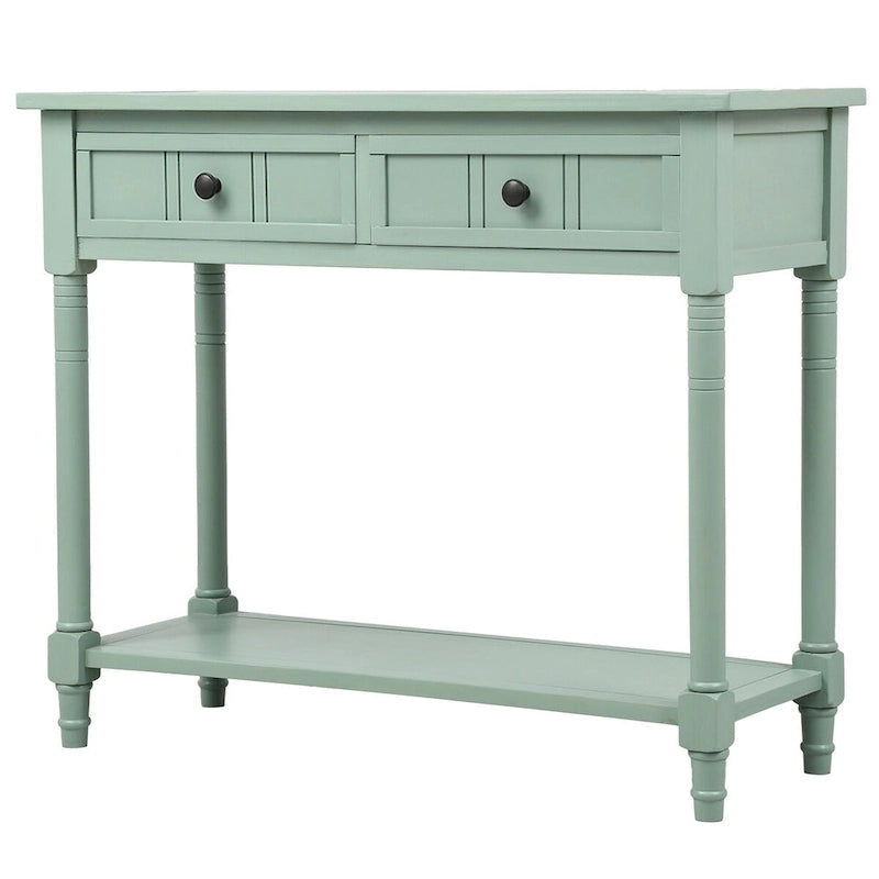 Console en pin avec 2 tiroirs et étagère inférieure, style traditionnel vintage, 90 cm (L), gris/vert antique