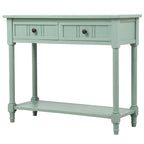 Console en pin avec 2 tiroirs et étagère inférieure, style traditionnel vintage, 90 cm (L), gris/vert antique