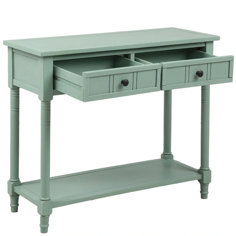 Console en pin avec 2 tiroirs et étagère inférieure, style traditionnel vintage, 90 cm (L), gris/vert antique