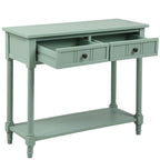 Console en pin avec 2 tiroirs et étagère inférieure, style traditionnel vintage, 90 cm (L), gris/vert antique