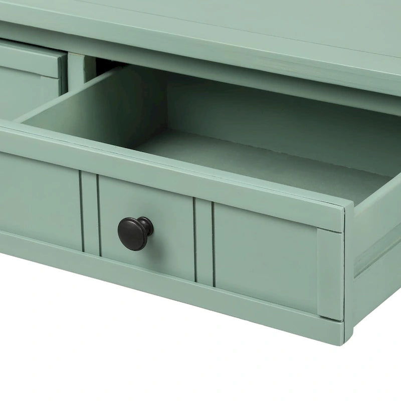 Console en pin avec 2 tiroirs et étagère inférieure, style traditionnel vintage, 90 cm (L), gris/vert antique
