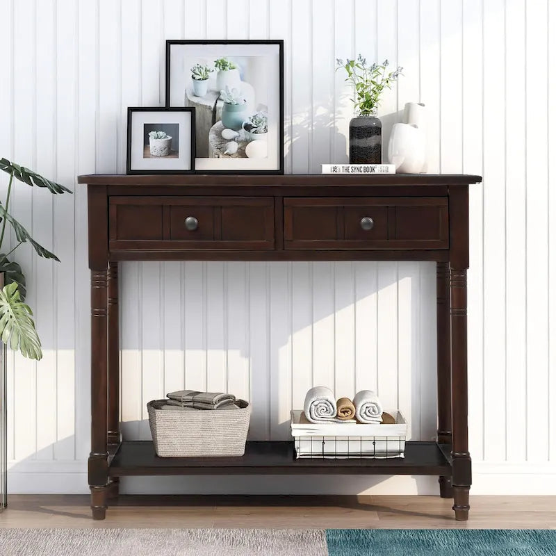 Console en pin avec 2 tiroirs et étagère inférieure, style traditionnel vintage, 90 cm (L), gris/vert antique