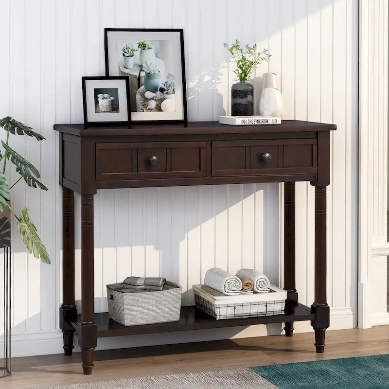 Console en pin avec 2 tiroirs et étagère inférieure, style traditionnel vintage, 90 cm (L), gris/vert antique