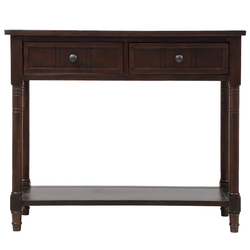 Console en pin avec 2 tiroirs et étagère inférieure, style traditionnel vintage, 90 cm (L), gris/vert antique