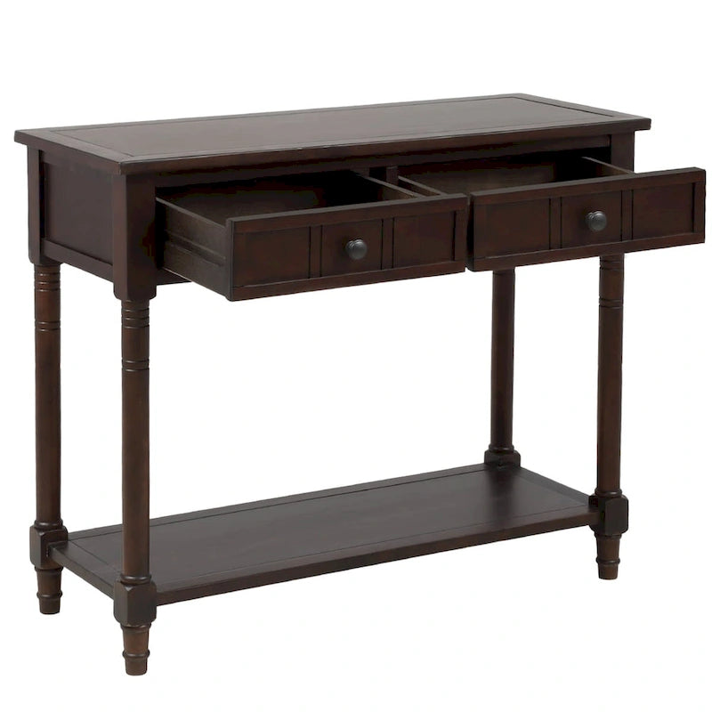 Console en pin avec 2 tiroirs et étagère inférieure, style traditionnel vintage, 90 cm (L), gris/vert antique