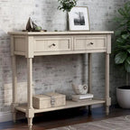 Console en pin avec 2 tiroirs et étagère inférieure, style traditionnel vintage, 90 cm (L), gris/vert antique