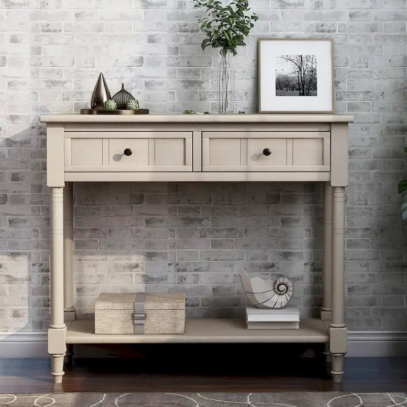 Console en pin avec 2 tiroirs et étagère inférieure, style traditionnel vintage, 90 cm (L), gris/vert antique