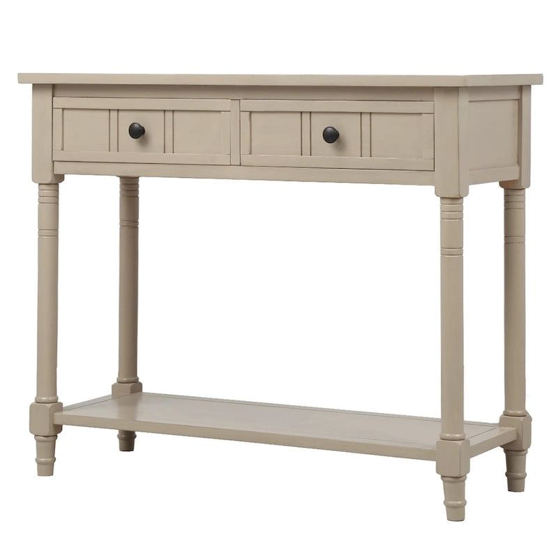 Console en pin avec 2 tiroirs et étagère inférieure, style traditionnel vintage, 90 cm (L), gris/vert antique