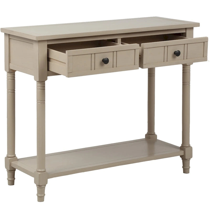 Console en pin avec 2 tiroirs et étagère inférieure, style traditionnel vintage, 90 cm (L), gris/vert antique