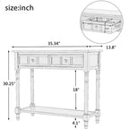 Console en pin avec 2 tiroirs et étagère inférieure, style traditionnel vintage, 90 cm (L), gris/vert antique