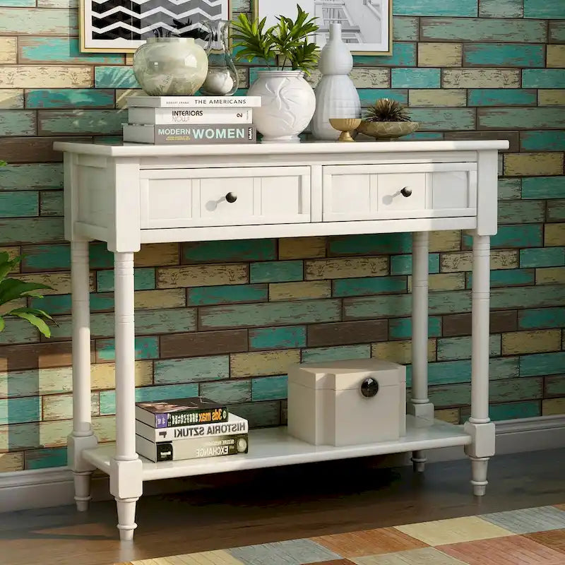 Console en pin avec 2 tiroirs et étagère inférieure, style traditionnel vintage, 90 cm (L), gris/vert antique