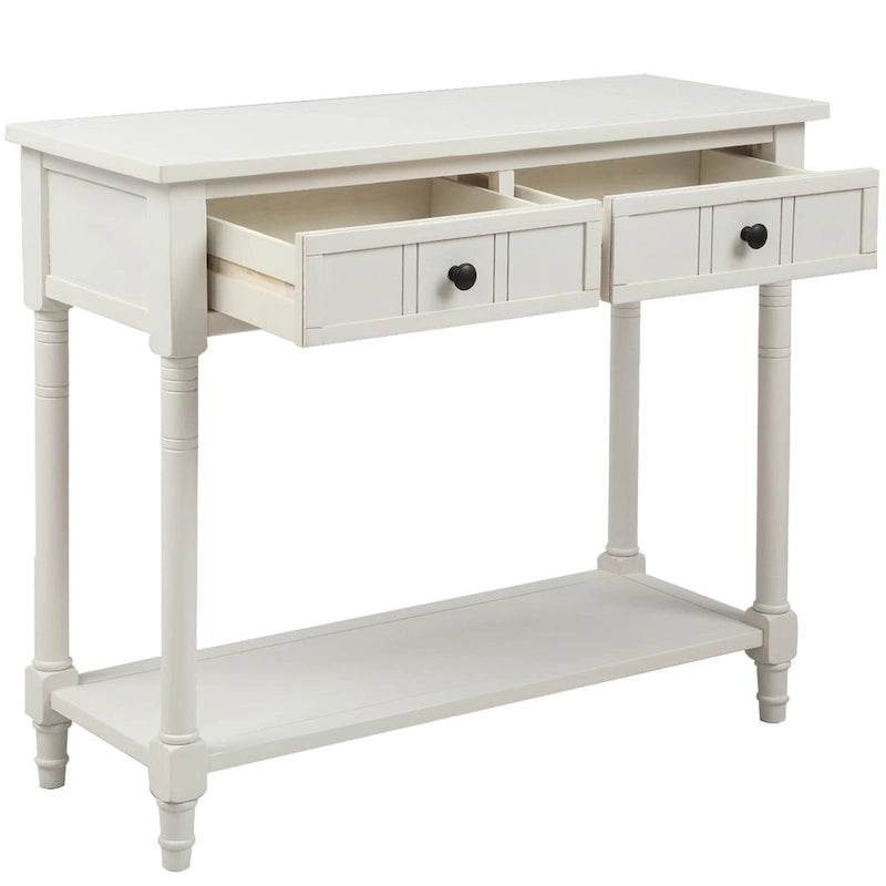 Console en pin avec 2 tiroirs et étagère inférieure, style traditionnel vintage, 90 cm (L), gris/vert antique