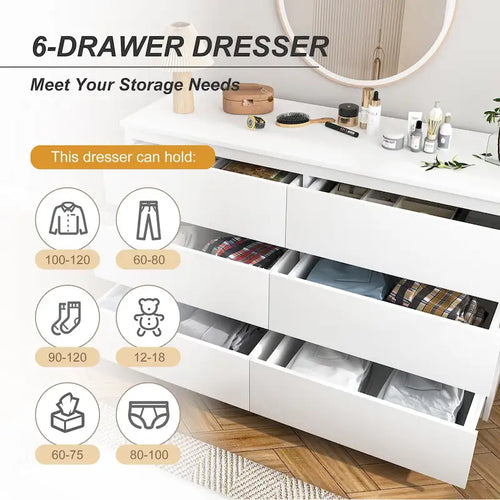 6 drawer 47.25 in. Wide Dresser Wood Double Dresser Large Storage Tower Unit Chest of Drawers TV Stand Dresser