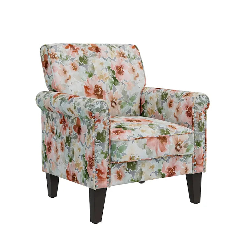 Fauteuil d'appoint, accoudoirs arrondis, polyester à motif floral, clous décoratifs couleur étain, pieds espresso, 1 place, orange/bleu/rose