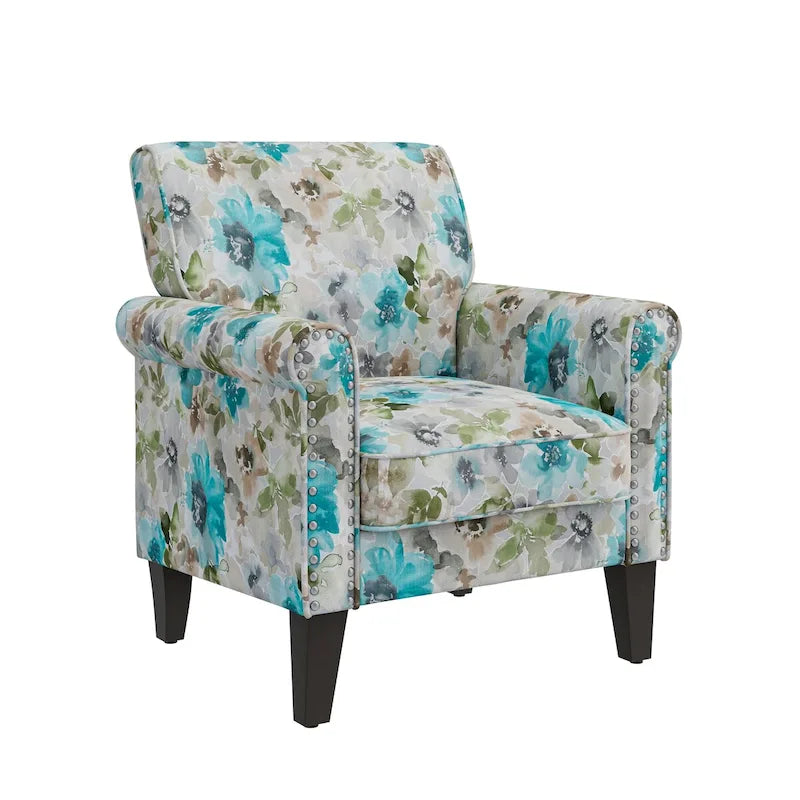 Fauteuil d'appoint, accoudoirs arrondis, polyester à motif floral, clous décoratifs couleur étain, pieds espresso, 1 place, orange/bleu/rose