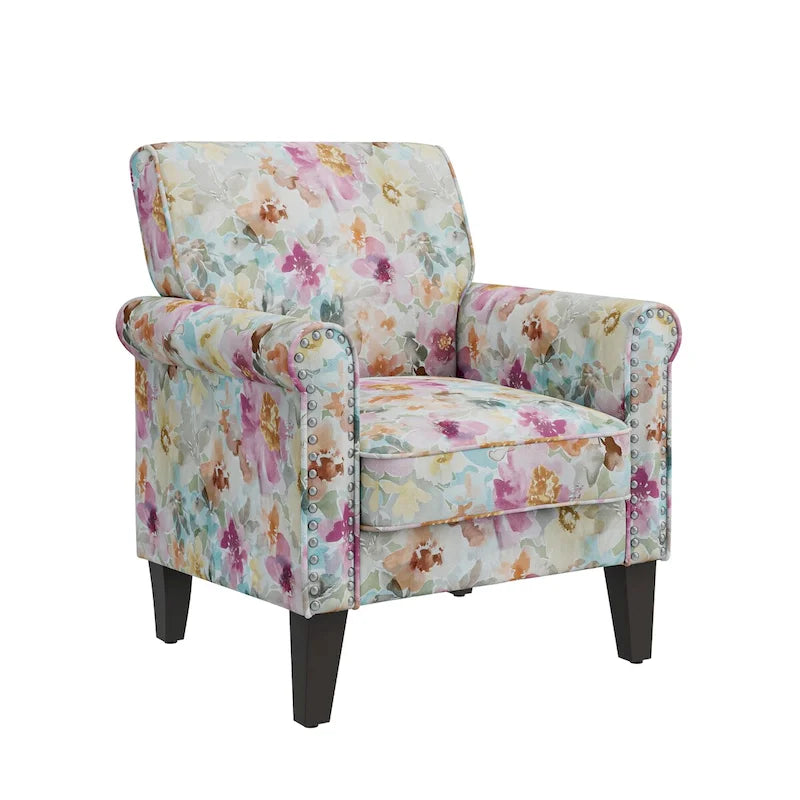Fauteuil d'appoint, accoudoirs arrondis, polyester à motif floral, clous décoratifs couleur étain, pieds espresso, 1 place, orange/bleu/rose