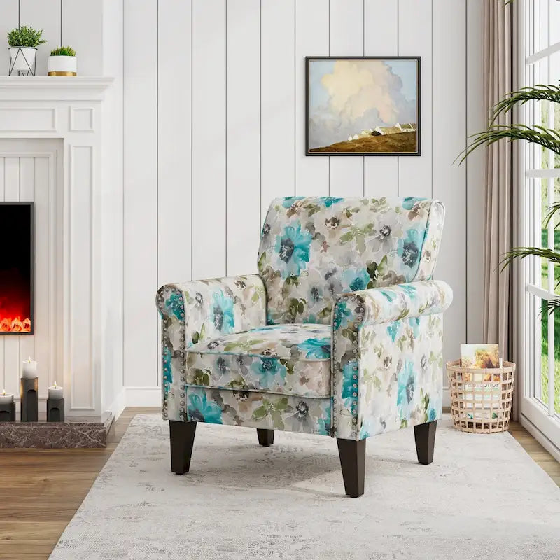 Fauteuil d'appoint, accoudoirs arrondis, polyester à motif floral, clous décoratifs couleur étain, pieds espresso, 1 place, orange/bleu/rose