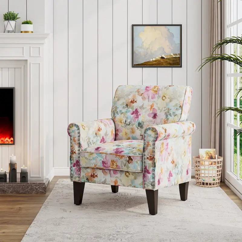 Fauteuil d'appoint, accoudoirs arrondis, polyester à motif floral, clous décoratifs couleur étain, pieds espresso, 1 place, orange/bleu/rose