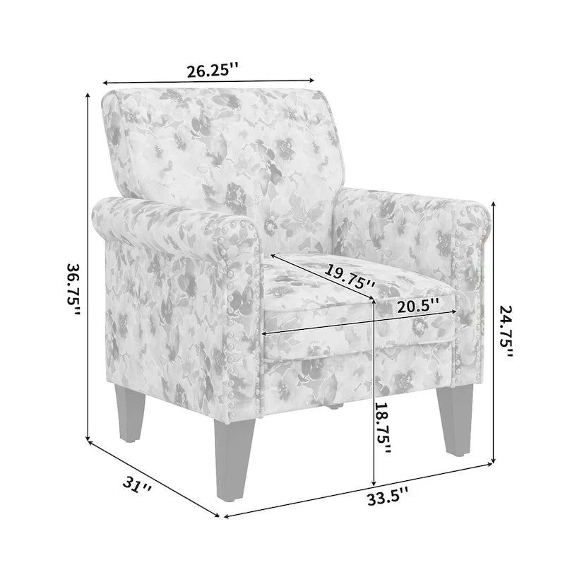 Fauteuil d'appoint, accoudoirs arrondis, polyester à motif floral, clous décoratifs couleur étain, pieds espresso, 1 place, orange/bleu/rose