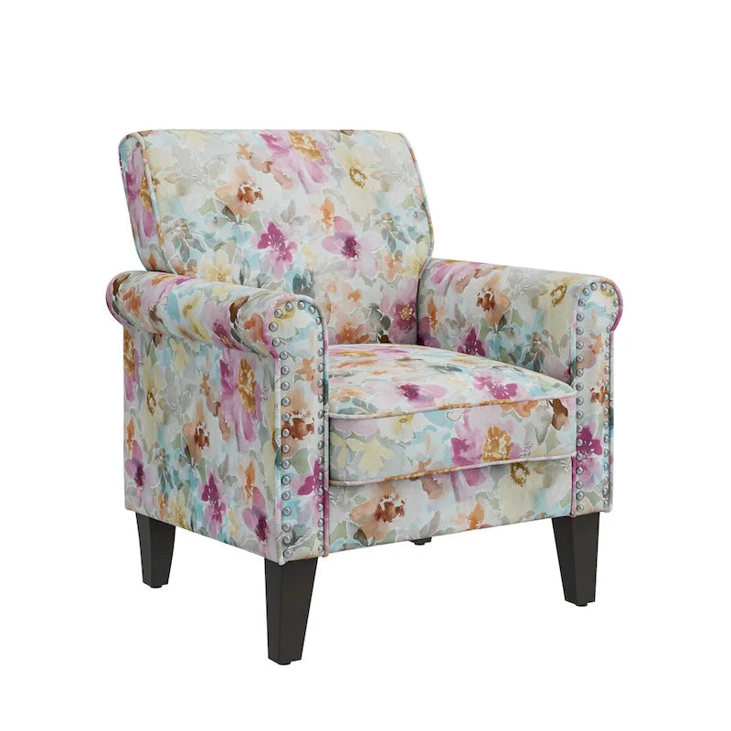 Fauteuil d'appoint, accoudoirs arrondis, polyester à motif floral, clous décoratifs couleur étain, pieds espresso, 1 place, orange/bleu/rose