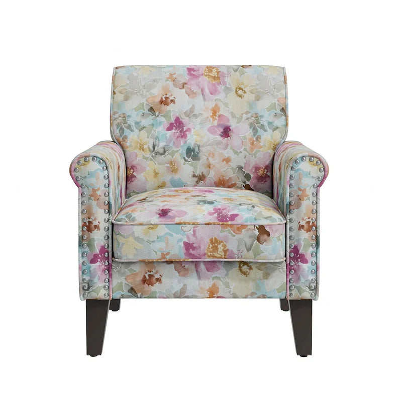 Fauteuil d'appoint, accoudoirs arrondis, polyester à motif floral, clous décoratifs couleur étain, pieds espresso, 1 place, orange/bleu/rose