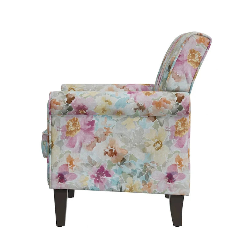 Fauteuil d'appoint, accoudoirs arrondis, polyester à motif floral, clous décoratifs couleur étain, pieds espresso, 1 place, orange/bleu/rose