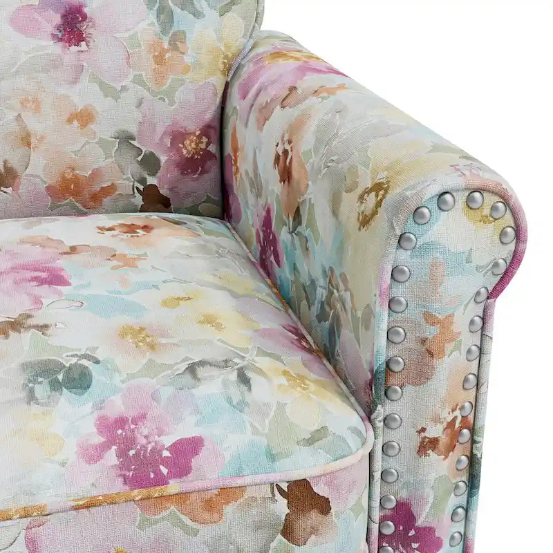 Fauteuil d'appoint, accoudoirs arrondis, polyester à motif floral, clous décoratifs couleur étain, pieds espresso, 1 place, orange/bleu/rose