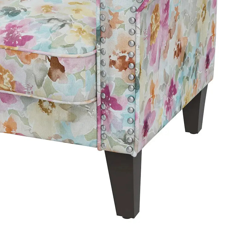 Fauteuil d'appoint, accoudoirs arrondis, polyester à motif floral, clous décoratifs couleur étain, pieds espresso, 1 place, orange/bleu/rose