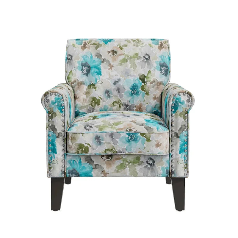 Fauteuil d'appoint, accoudoirs arrondis, polyester à motif floral, clous décoratifs couleur étain, pieds espresso, 1 place, orange/bleu/rose