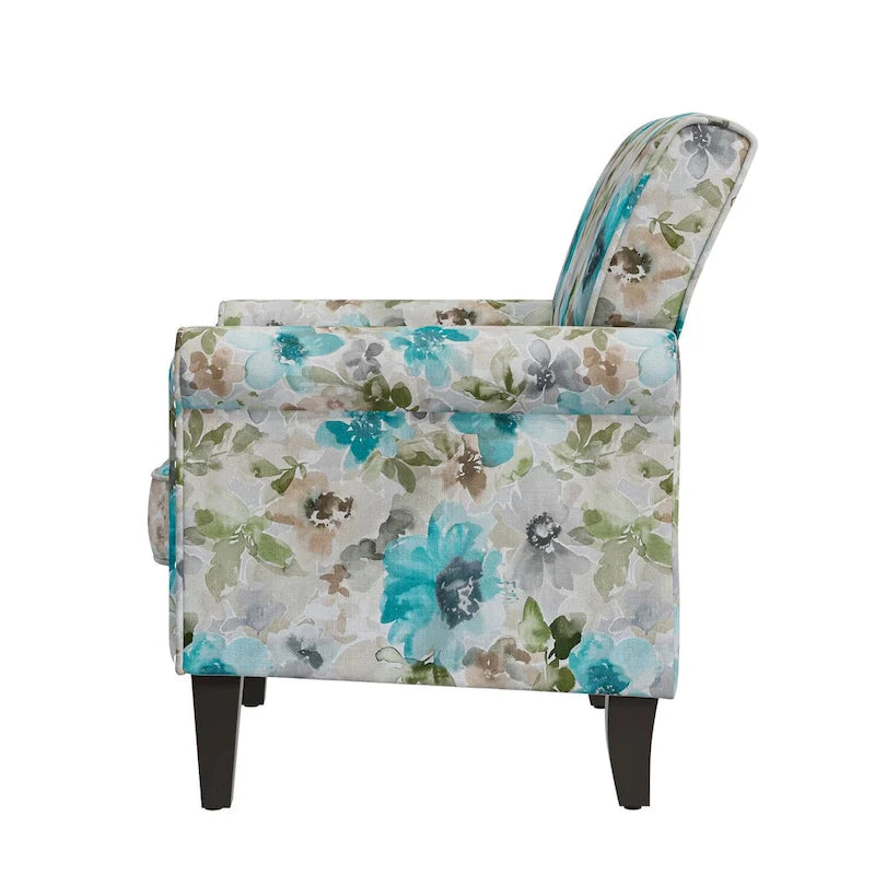 Fauteuil d'appoint, accoudoirs arrondis, polyester à motif floral, clous décoratifs couleur étain, pieds espresso, 1 place, orange/bleu/rose