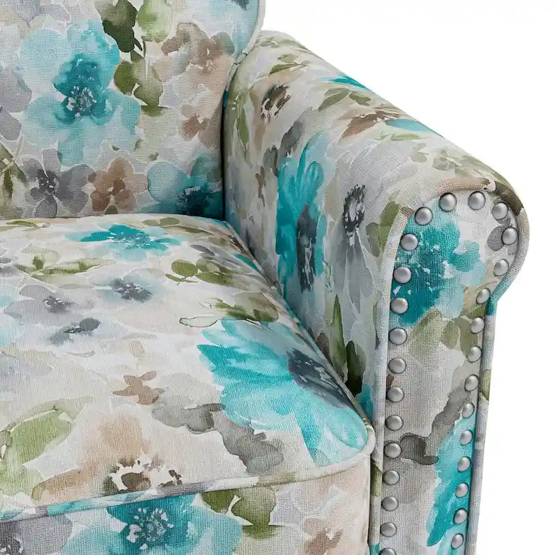 Fauteuil d'appoint, accoudoirs arrondis, polyester à motif floral, clous décoratifs couleur étain, pieds espresso, 1 place, orange/bleu/rose