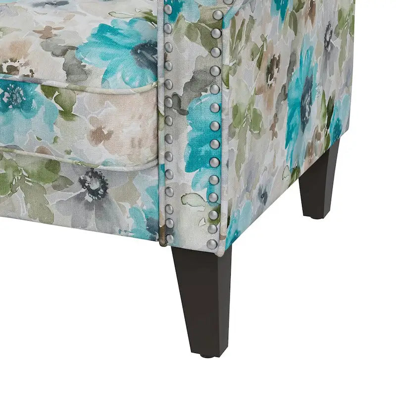 Fauteuil d'appoint, accoudoirs arrondis, polyester à motif floral, clous décoratifs couleur étain, pieds espresso, 1 place, orange/bleu/rose