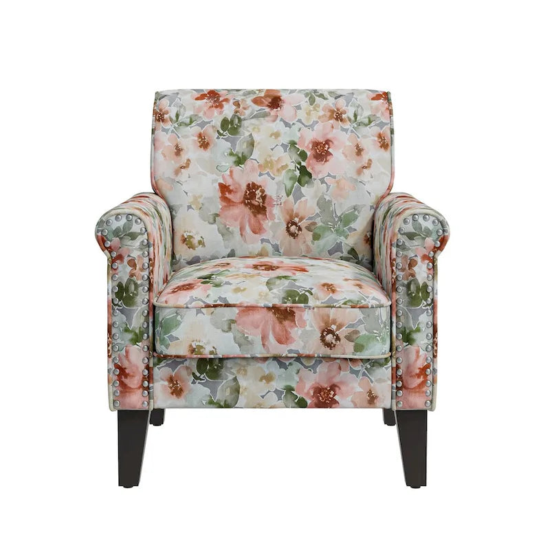 Fauteuil d'appoint, accoudoirs arrondis, polyester à motif floral, clous décoratifs couleur étain, pieds espresso, 1 place, orange/bleu/rose