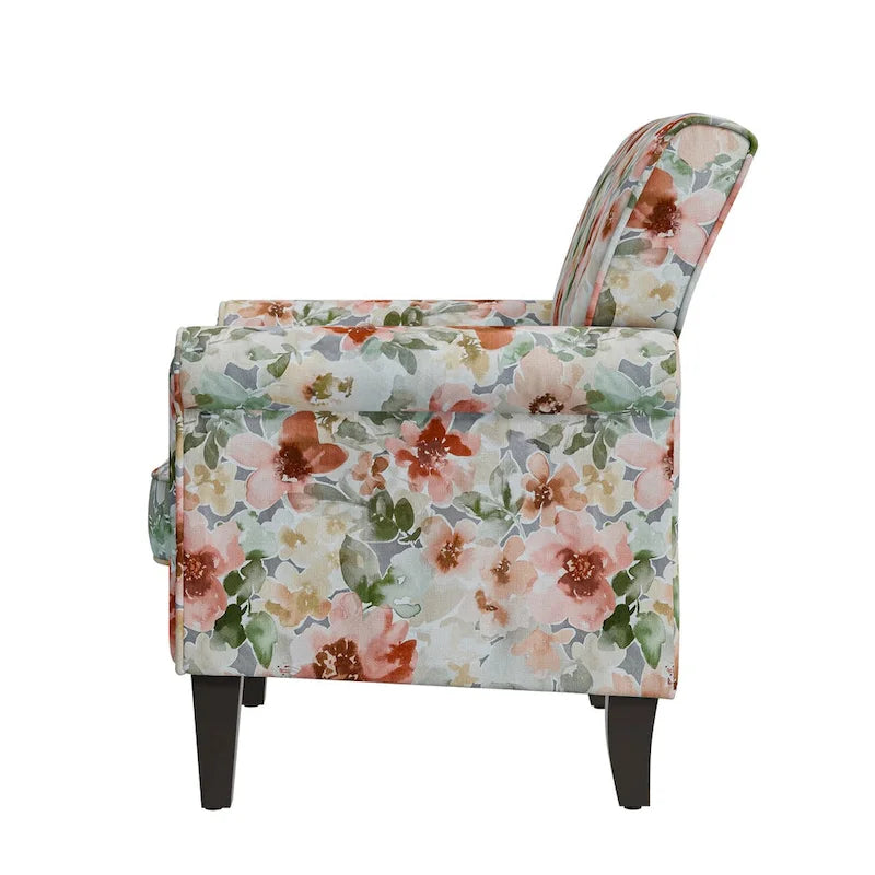 Fauteuil d'appoint, accoudoirs arrondis, polyester à motif floral, clous décoratifs couleur étain, pieds espresso, 1 place, orange/bleu/rose