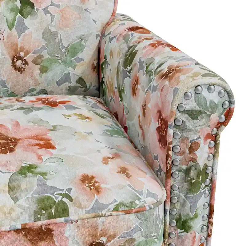 Fauteuil d'appoint, accoudoirs arrondis, polyester à motif floral, clous décoratifs couleur étain, pieds espresso, 1 place, orange/bleu/rose