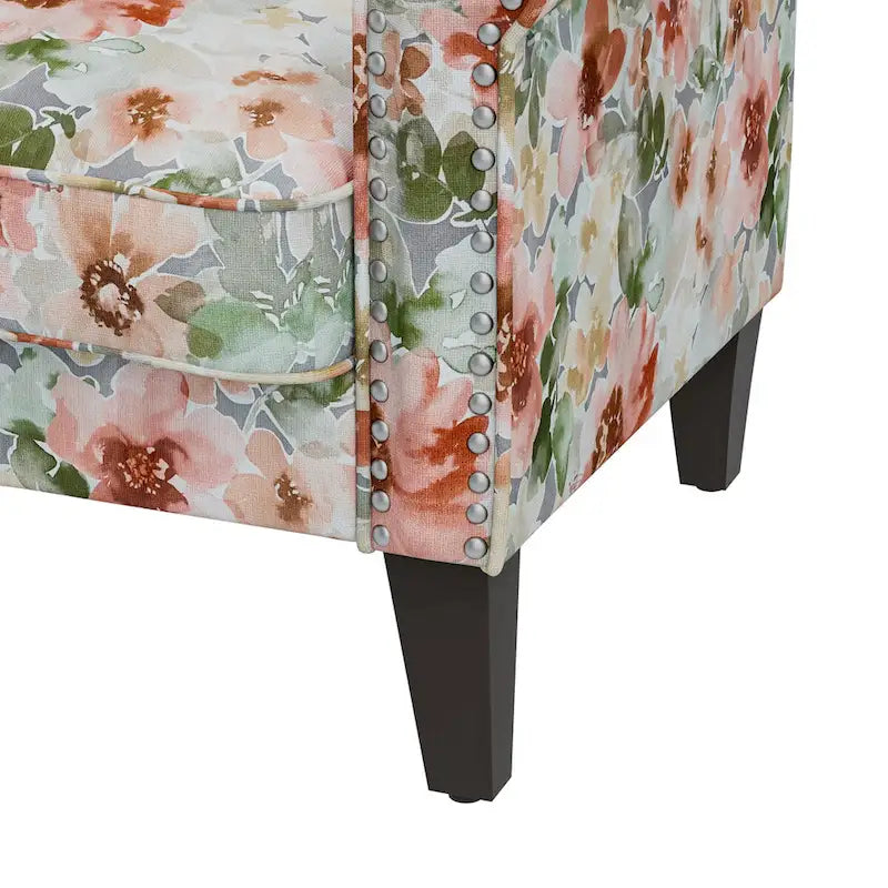 Fauteuil d'appoint, accoudoirs arrondis, polyester à motif floral, clous décoratifs couleur étain, pieds espresso, 1 place, orange/bleu/rose