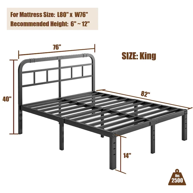 Cadre de lit en métal noir avec tête de lit, H 14 po, 2500 lb, simple/simple XL/grand/très grand, 1 personne