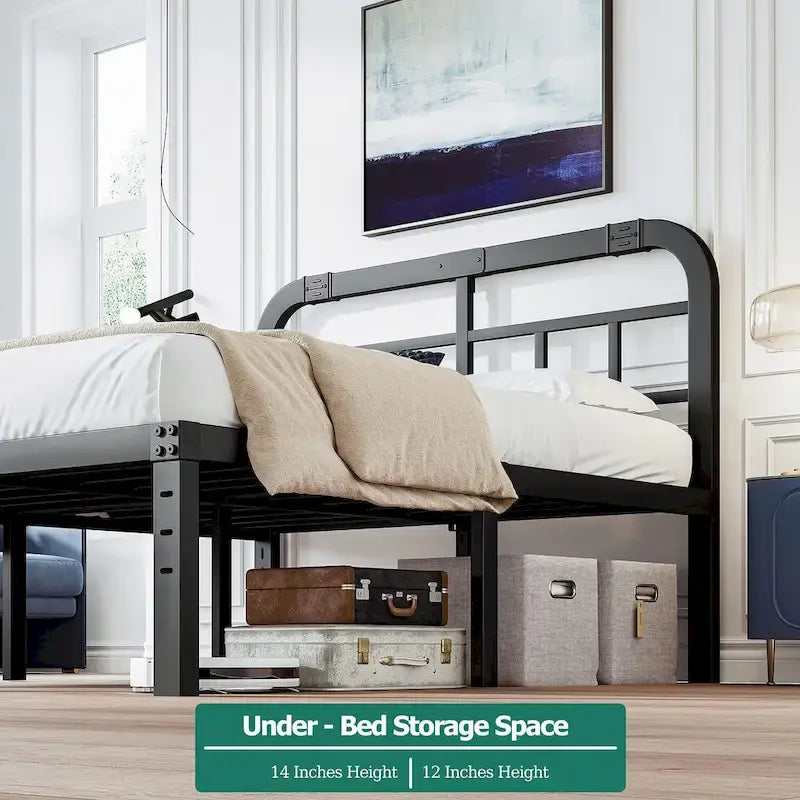 Cadre de lit en métal noir avec tête de lit, H 14 po, 2500 lb, simple/simple XL/grand/très grand, 1 personne